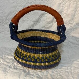 African Bolga Handwoven Multicolor Round Basket with Leather Handle